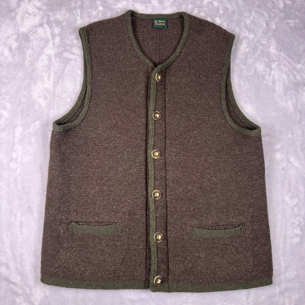 St. Peter Trachten Boiled Wool Austrian Tyrolean Vest  Mens L Brown Green Trim